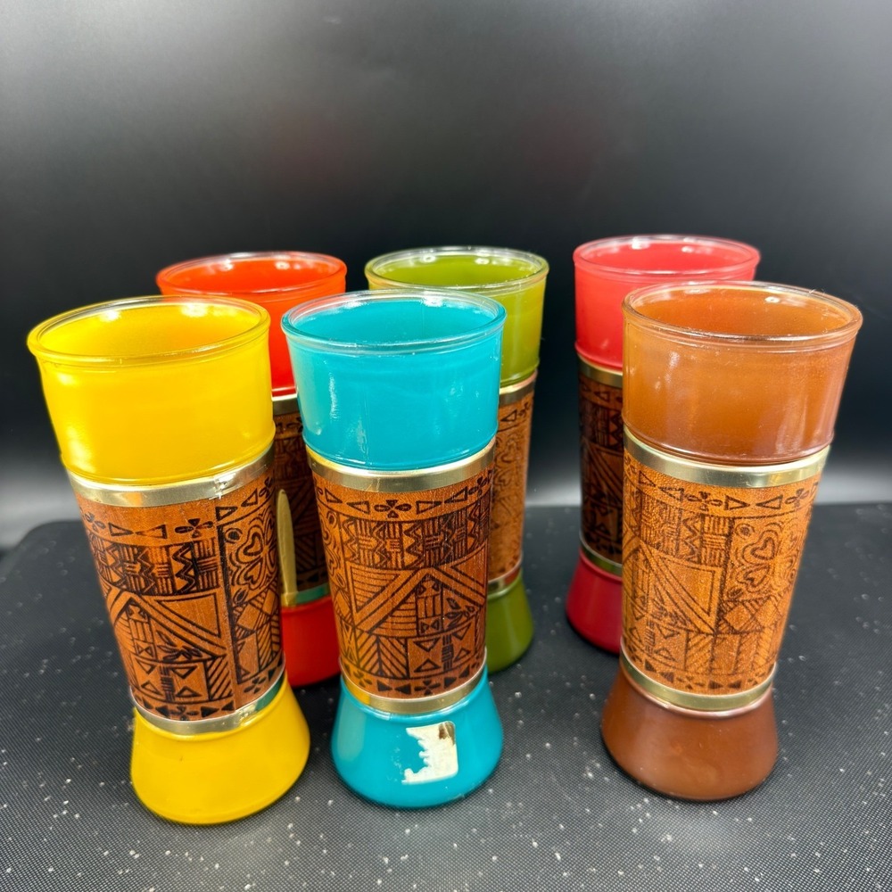 Vintage MCM Tiki Highball Glasses Genuine Mahogany Wood Wrap Set 6 Multi Color - Picture 9 of 15